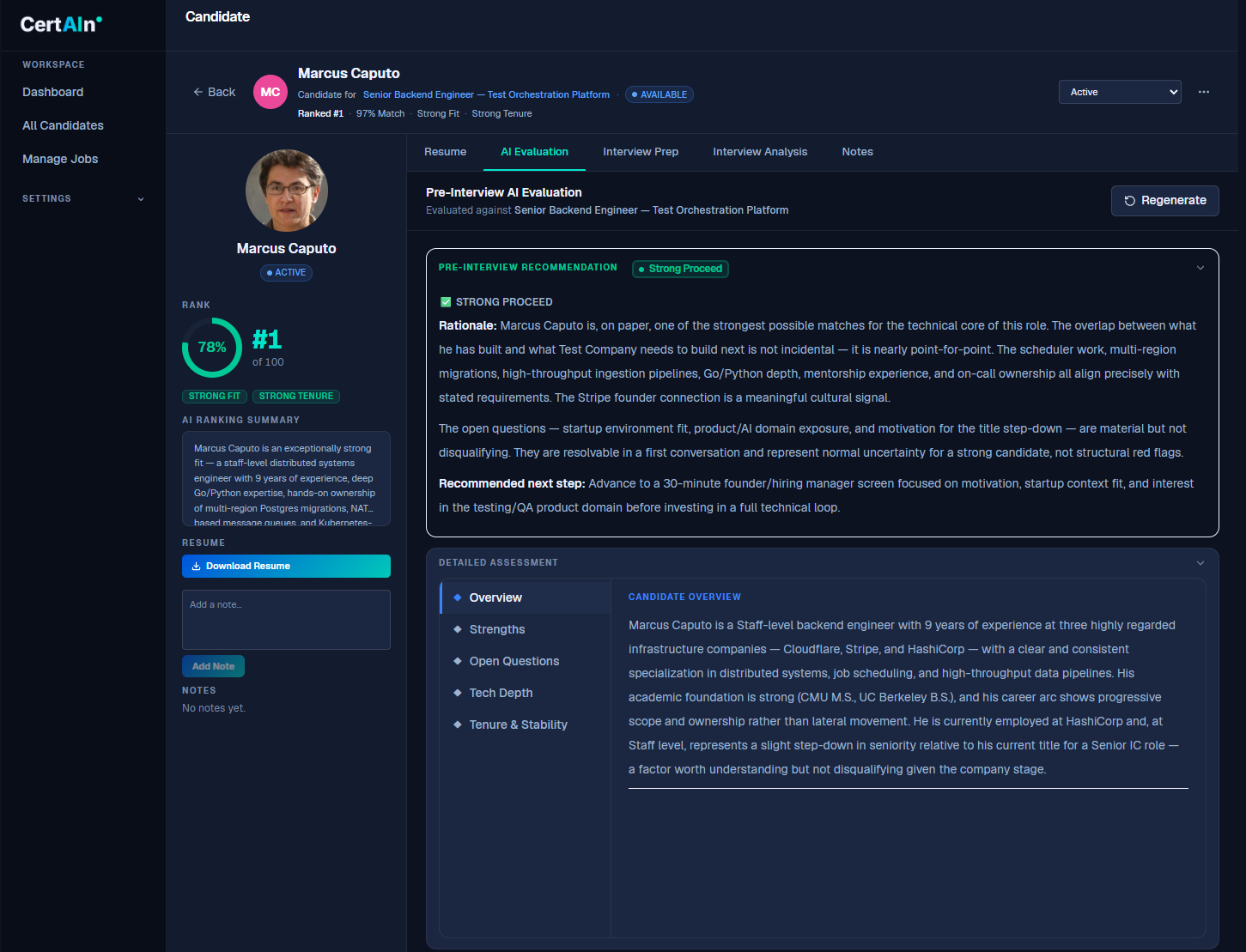 A CertAIn AI Evaluation: a fit score with a Strong Fit verdict and the written rationale behind the score, exportable for audit.